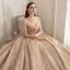 Scintillantes Champagne Transparentes Robe De Mariée 2019 Robe Boule Encolure Carrée Manches Longues Dos Nu Forme de coeur Paillettes Perlage Royal Train Volants