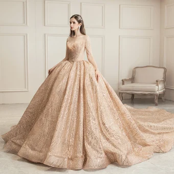 Sparkly Champagne See Through Wedding Dresses 2019 Ball Gown Square Neckline Long Sleeve Backless Heart Shaped Sequins Beading Royal Train Ruffle