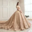 Scintillantes Champagne Transparentes Robe De Mariée 2019 Robe Boule Encolure Carrée Manches Longues Dos Nu Forme de coeur Paillettes Perlage Royal Train Volants