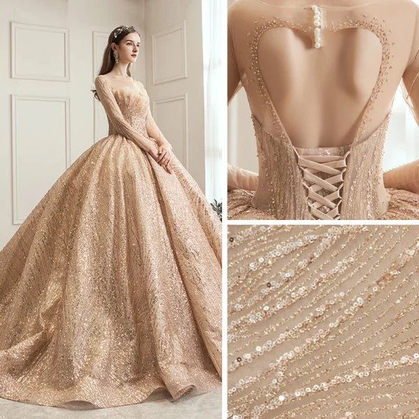 Scintillantes Champagne Transparentes Robe De Mariée 2019 Robe Boule Encolure Carrée Manches Longues Dos Nu Forme de coeur Paillettes Perlage Royal Train Volants