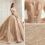 Scintillantes Champagne Transparentes Robe De Mariée 2019 Robe Boule Encolure Carrée Manches Longues Dos Nu Forme de coeur Paillettes Perlage Royal Train Volants