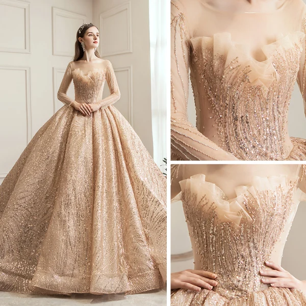 Scintillantes Champagne Transparentes Robe De Mariée 2019 Robe Boule Encolure Carrée Manches Longues Dos Nu Forme de coeur Paillettes Perlage Royal Train Volants