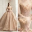 Scintillantes Champagne Transparentes Robe De Mariée 2019 Robe Boule Encolure Carrée Manches Longues Dos Nu Forme de coeur Paillettes Perlage Royal Train Volants