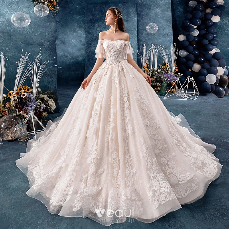 princess a line wedding dress Vintage Luxury Princess Lace Light Ivory A-Line Wedding Dress With Off –  WonderlandByLilian