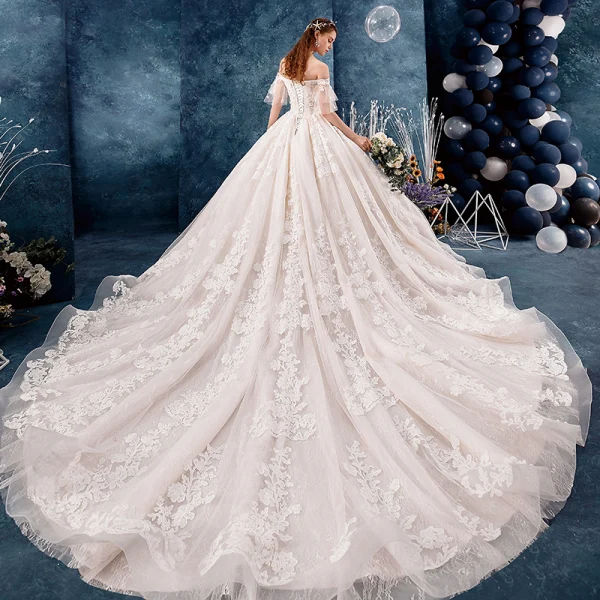 Chic / Beautiful Champagne Wedding Dresses 2019 A-Line / Princess Off-The-Shoulder Short Sleeve Bell sleeves Backless Appliques Lace Beading Pearl Cathedral Train Ruffle