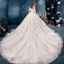 Chic / Beautiful Champagne Wedding Dresses 2019 A-Line / Princess Off-The-Shoulder Short Sleeve Bell sleeves Backless Appliques Lace Beading Pearl Cathedral Train Ruffle