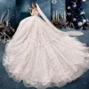 Chic / Beautiful Champagne Wedding Dresses 2019 A-Line / Princess Off-The-Shoulder Short Sleeve Bell sleeves Backless Appliques Lace Beading Pearl Cathedral Train Ruffle