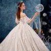 Chic / Beautiful Champagne Wedding Dresses 2019 A-Line / Princess Off-The-Shoulder Short Sleeve Bell sleeves Backless Appliques Lace Beading Pearl Cathedral Train Ruffle