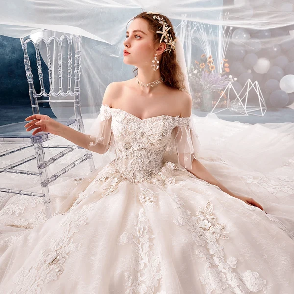 Chic / Beautiful Champagne Wedding Dresses 2019 A-Line / Princess Off-The-Shoulder Short Sleeve Bell sleeves Backless Appliques Lace Beading Pearl Cathedral Train Ruffle