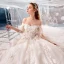 Chic / Beautiful Champagne Wedding Dresses 2019 A-Line / Princess Off-The-Shoulder Short Sleeve Bell sleeves Backless Appliques Lace Beading Pearl Cathedral Train Ruffle