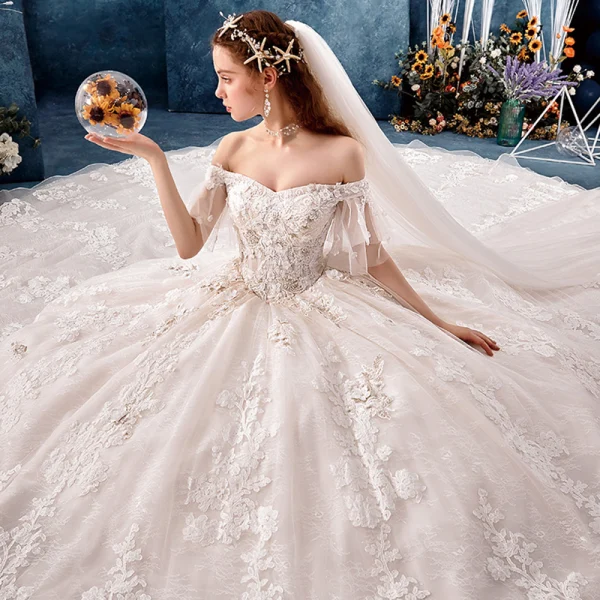 Chic / Beautiful Champagne Wedding Dresses 2019 A-Line / Princess Off-The-Shoulder Short Sleeve Bell sleeves Backless Appliques Lace Beading Pearl Cathedral Train Ruffle