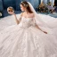 Chic / Beautiful Champagne Wedding Dresses 2019 A-Line / Princess Off-The-Shoulder Short Sleeve Bell sleeves Backless Appliques Lace Beading Pearl Cathedral Train Ruffle