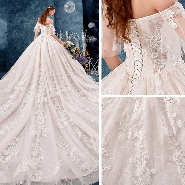 Chic / Beautiful Champagne Wedding Dresses 2019 A-Line / Princess Off-The-Shoulder Short Sleeve Bell sleeves Backless Appliques Lace Beading Pearl Cathedral Train Ruffle