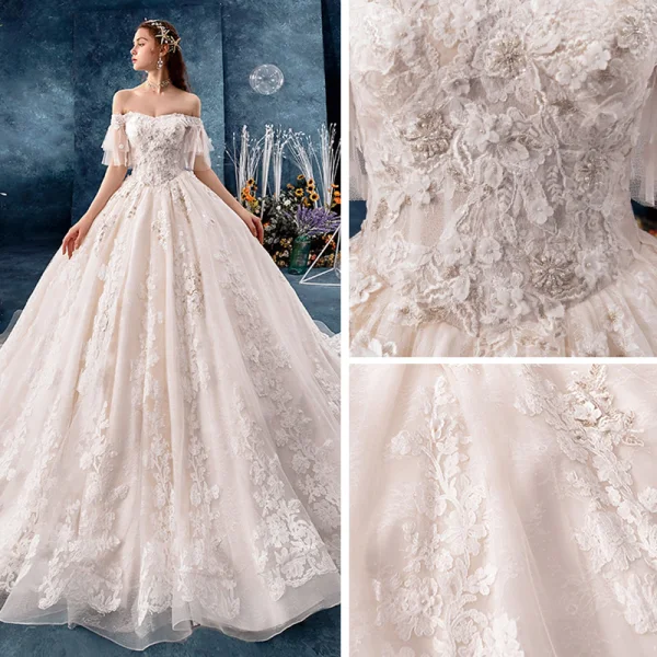 Chic / Beautiful Champagne Wedding Dresses 2019 A-Line / Princess Off-The-Shoulder Short Sleeve Bell sleeves Backless Appliques Lace Beading Pearl Cathedral Train Ruffle