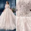 Chic / Beautiful Champagne Wedding Dresses 2019 A-Line / Princess Off-The-Shoulder Short Sleeve Bell sleeves Backless Appliques Lace Beading Pearl Cathedral Train Ruffle