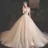Chic / Beautiful Champagne Wedding Dresses 2019 A-Line / Princess Sweetheart Sleeveless Backless Glitter Tulle Appliques Lace Sequins Beading Chapel Train Ruffle