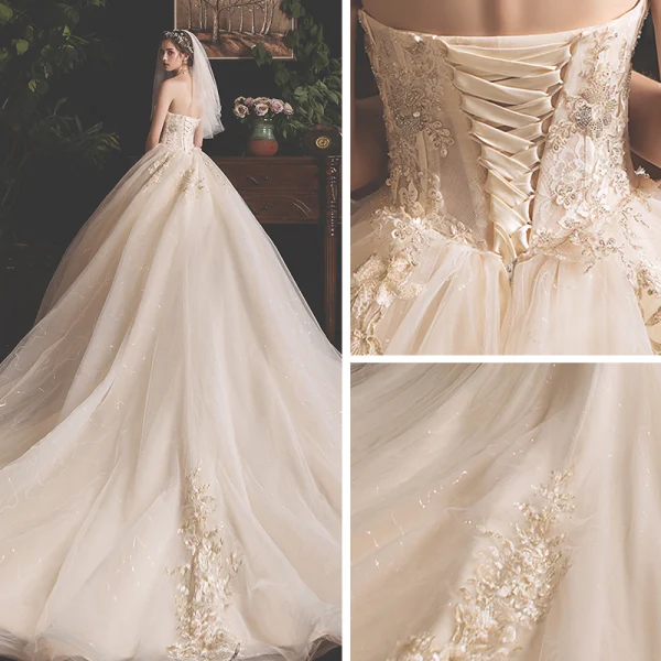 Fine Champagne Brudekjoler 2019 Prinsesse Kjæreste Uten Ermer Ryggløse Glitter Tyll Appliques Blonder Paljetter Beading Chapel Train Buste