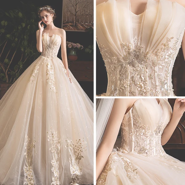 Fine Champagne Brudekjoler 2019 Prinsesse Kjæreste Uten Ermer Ryggløse Glitter Tyll Appliques Blonder Paljetter Beading Chapel Train Buste