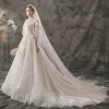Light See-through Champagne Outdoor / Garden Wedding Dresses 2019 A-Line / Princess High Neck Puffy 3/4 Sleeve Backless Appliques Lace Court Train Ruffle