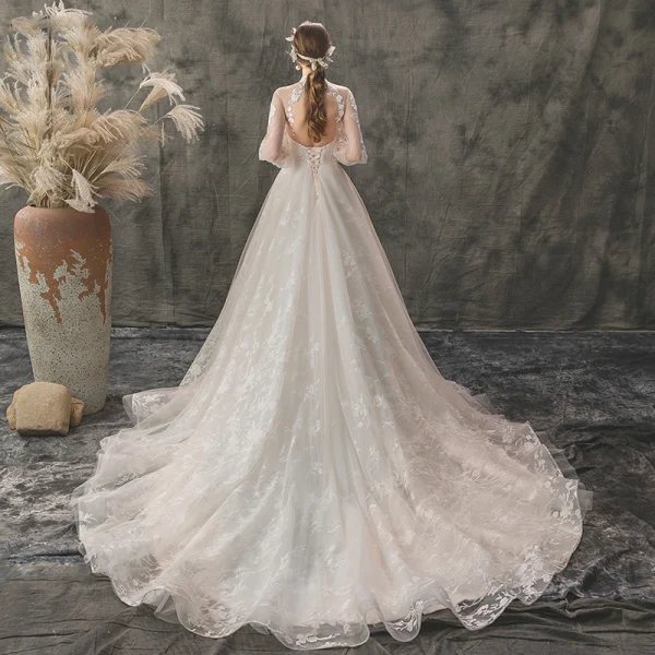 Leichtes Durchsichtige Champagner Garten / Im Freien Brautkleider / Hochzeitskleider 2019 A Linie Stehkragen Geschwollenes 3/4 Ärmel Rückenfreies Applikationen Spitze Hof-Schleppe Rüschen
