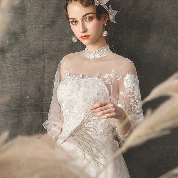 Leichtes Durchsichtige Champagner Garten / Im Freien Brautkleider / Hochzeitskleider 2019 A Linie Stehkragen Geschwollenes 3/4 Ärmel Rückenfreies Applikationen Spitze Hof-Schleppe Rüschen