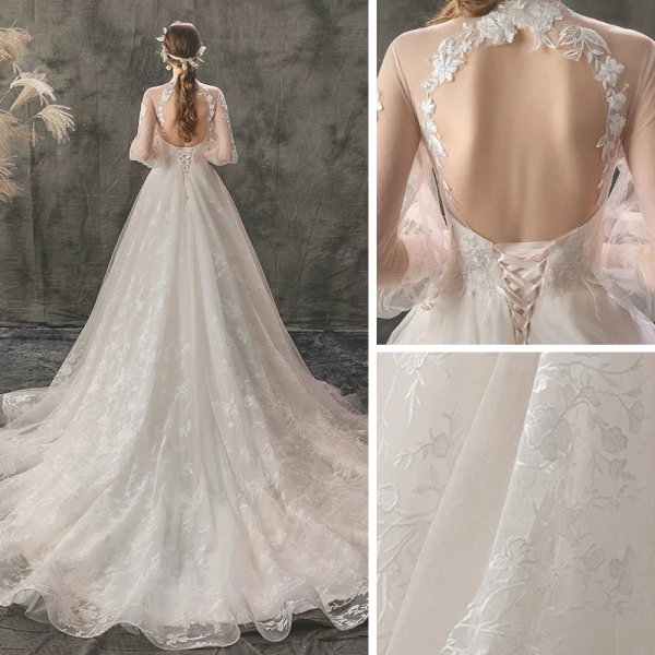 Leichtes Durchsichtige Champagner Garten / Im Freien Brautkleider / Hochzeitskleider 2019 A Linie Stehkragen Geschwollenes 3/4 Ärmel Rückenfreies Applikationen Spitze Hof-Schleppe Rüschen