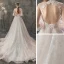 Leichtes Durchsichtige Champagner Garten / Im Freien Brautkleider / Hochzeitskleider 2019 A Linie Stehkragen Geschwollenes 3/4 Ärmel Rückenfreies Applikationen Spitze Hof-Schleppe Rüschen
