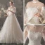Leichtes Durchsichtige Champagner Garten / Im Freien Brautkleider / Hochzeitskleider 2019 A Linie Stehkragen Geschwollenes 3/4 Ärmel Rückenfreies Applikationen Spitze Hof-Schleppe Rüschen