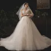 Chic / Beautiful Champagne Wedding Dresses 2019 A-Line / Princess Amazing / Unique Sweetheart Sleeveless Backless Beading Chapel Train Ruffle