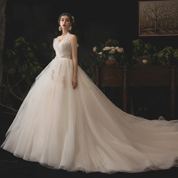 Fine Champagne Brudekjoler 2019 Prinsesse Fantastiske / Unike Kjæreste Uten Ermer Ryggløse Beading Chapel Train Buste