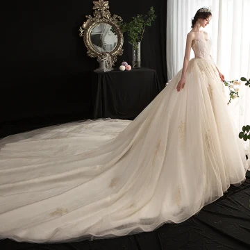 Betaalbare Champagne Trouwjurken 2019 Baljurk Geliefde Mouwloos Ruglooze Kralen Appliques Kant Cathedral Train Ruche