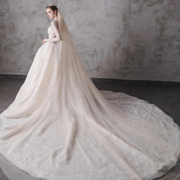 Glitzernden Champagner Durchsichtige Brautkleider / Hochzeitskleider 2019 Ballkleid Rundhalsausschnitt 3/4 Ärmel Rückenfreies Pailletten Perlenstickerei Kathedrale Schleppe Rüschen