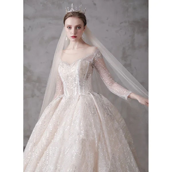 Glitzernden Champagner Durchsichtige Brautkleider / Hochzeitskleider 2019 Ballkleid Rundhalsausschnitt 3/4 Ärmel Rückenfreies Pailletten Perlenstickerei Kathedrale Schleppe Rüschen