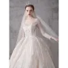 Sparkly Champagne See-through Wedding Dresses 2019 Ball Gown Scoop Neck 3/4 Sleeve Backless Sequins Beading Cathedral Train Ruffle