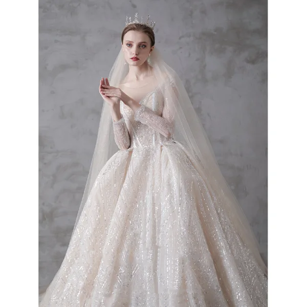 Glitzernden Champagner Durchsichtige Brautkleider / Hochzeitskleider 2019 Ballkleid Rundhalsausschnitt 3/4 Ärmel Rückenfreies Pailletten Perlenstickerei Kathedrale Schleppe Rüschen