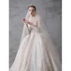 Sparkly Champagne See-through Wedding Dresses 2019 Ball Gown Scoop Neck 3/4 Sleeve Backless Sequins Beading Cathedral Train Ruffle