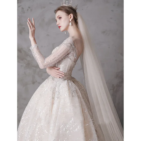 Glitzernden Champagner Durchsichtige Brautkleider / Hochzeitskleider 2019 Ballkleid Rundhalsausschnitt 3/4 Ärmel Rückenfreies Pailletten Perlenstickerei Kathedrale Schleppe Rüschen