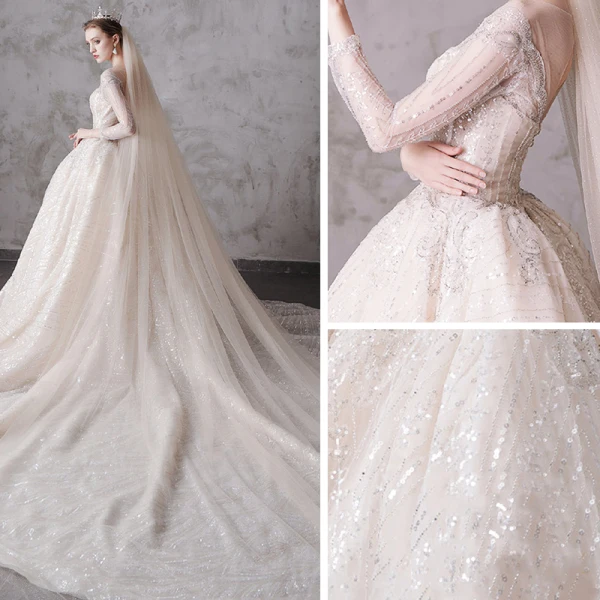 Glitzernden Champagner Durchsichtige Brautkleider / Hochzeitskleider 2019 Ballkleid Rundhalsausschnitt 3/4 Ärmel Rückenfreies Pailletten Perlenstickerei Kathedrale Schleppe Rüschen
