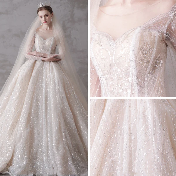 Glitzernden Champagner Durchsichtige Brautkleider / Hochzeitskleider 2019 Ballkleid Rundhalsausschnitt 3/4 Ärmel Rückenfreies Pailletten Perlenstickerei Kathedrale Schleppe Rüschen