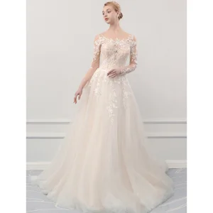 Illusion Champagne Genomskinliga Trädgård Utomhus Bröllopsklänningar 2019 Prinsessa Urringning Långärmad Pierced Appliqués Spets Domstol Tåg Ruffle