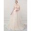 Illusion Champagne See-through Outdoor / Garden Wedding Dresses 2019 A-Line / Princess Scoop Neck Long Sleeve Pierced Appliques Lace Court Train Ruffle