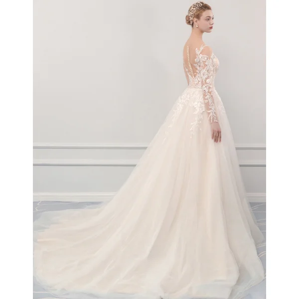 Illusion Champagne See-through Outdoor / Garden Wedding Dresses 2019 A-Line / Princess Scoop Neck Long Sleeve Pierced Appliques Lace Court Train Ruffle