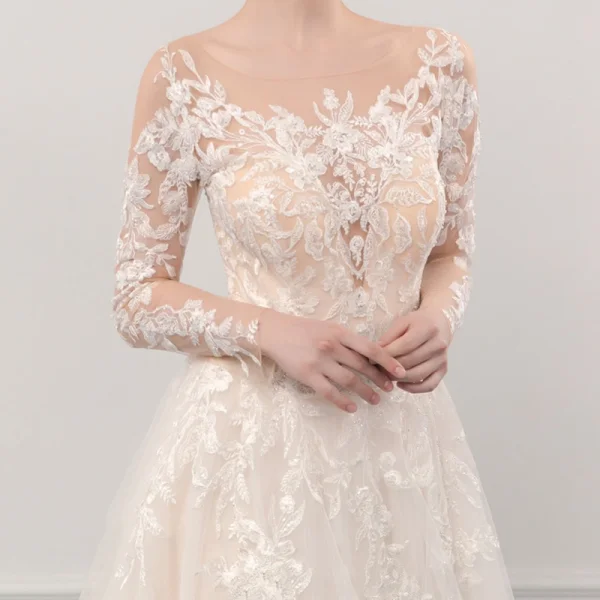 Illusion Champagne See-through Outdoor / Garden Wedding Dresses 2019 A-Line / Princess Scoop Neck Long Sleeve Pierced Appliques Lace Court Train Ruffle
