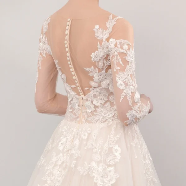 Illusion Champagne See-through Outdoor / Garden Wedding Dresses 2019 A-Line / Princess Scoop Neck Long Sleeve Pierced Appliques Lace Court Train Ruffle