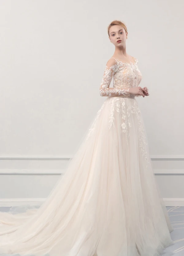 Illusion Champagne See-through Outdoor / Garden Wedding Dresses 2019 A-Line / Princess Scoop Neck Long Sleeve Pierced Appliques Lace Court Train Ruffle