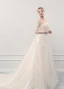 Illusion Champagne See-through Outdoor / Garden Wedding Dresses 2019 A-Line / Princess Scoop Neck Long Sleeve Pierced Appliques Lace Court Train Ruffle