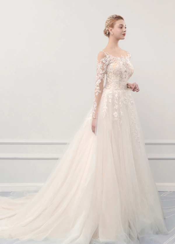 Illusion Champagne See-through Outdoor / Garden Wedding Dresses 2019 A-Line / Princess Scoop Neck Long Sleeve Pierced Appliques Lace Court Train Ruffle
