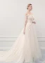 Illusion Champagne See-through Outdoor / Garden Wedding Dresses 2019 A-Line / Princess Scoop Neck Long Sleeve Pierced Appliques Lace Court Train Ruffle