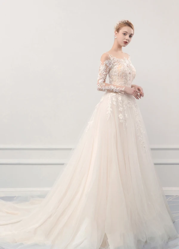Illusion Champagne See-through Outdoor / Garden Wedding Dresses 2019 A-Line / Princess Scoop Neck Long Sleeve Pierced Appliques Lace Court Train Ruffle