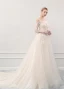 Illusion Champagne See-through Outdoor / Garden Wedding Dresses 2019 A-Line / Princess Scoop Neck Long Sleeve Pierced Appliques Lace Court Train Ruffle